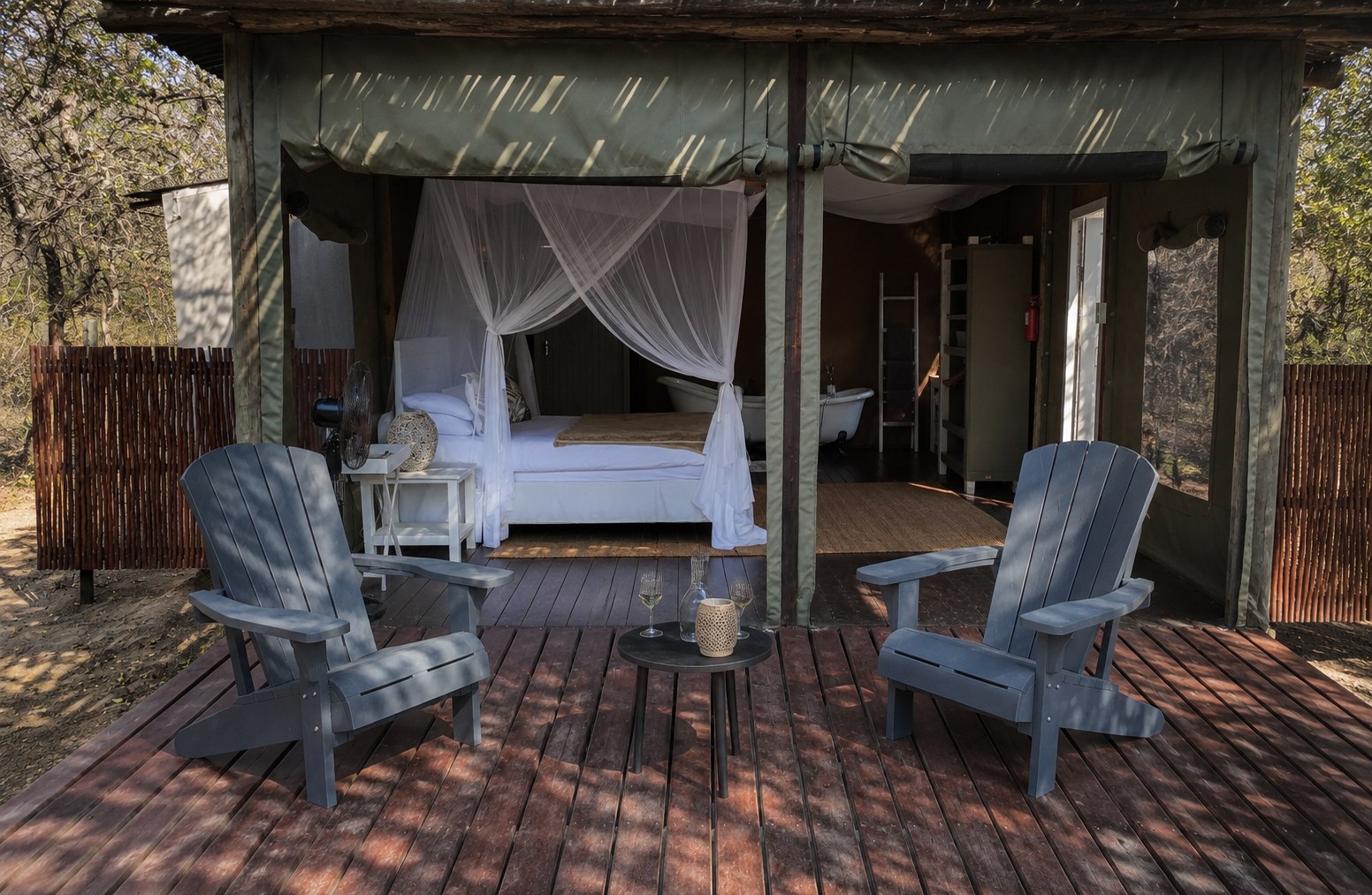 A tented chalet's private deck at the lodge